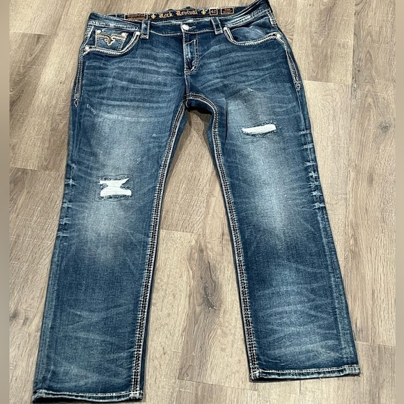 Rock Revival 42W 33L Tripp Straight Fit Distressed Western Cowboy Jeans Premium - Picture 2 of 15